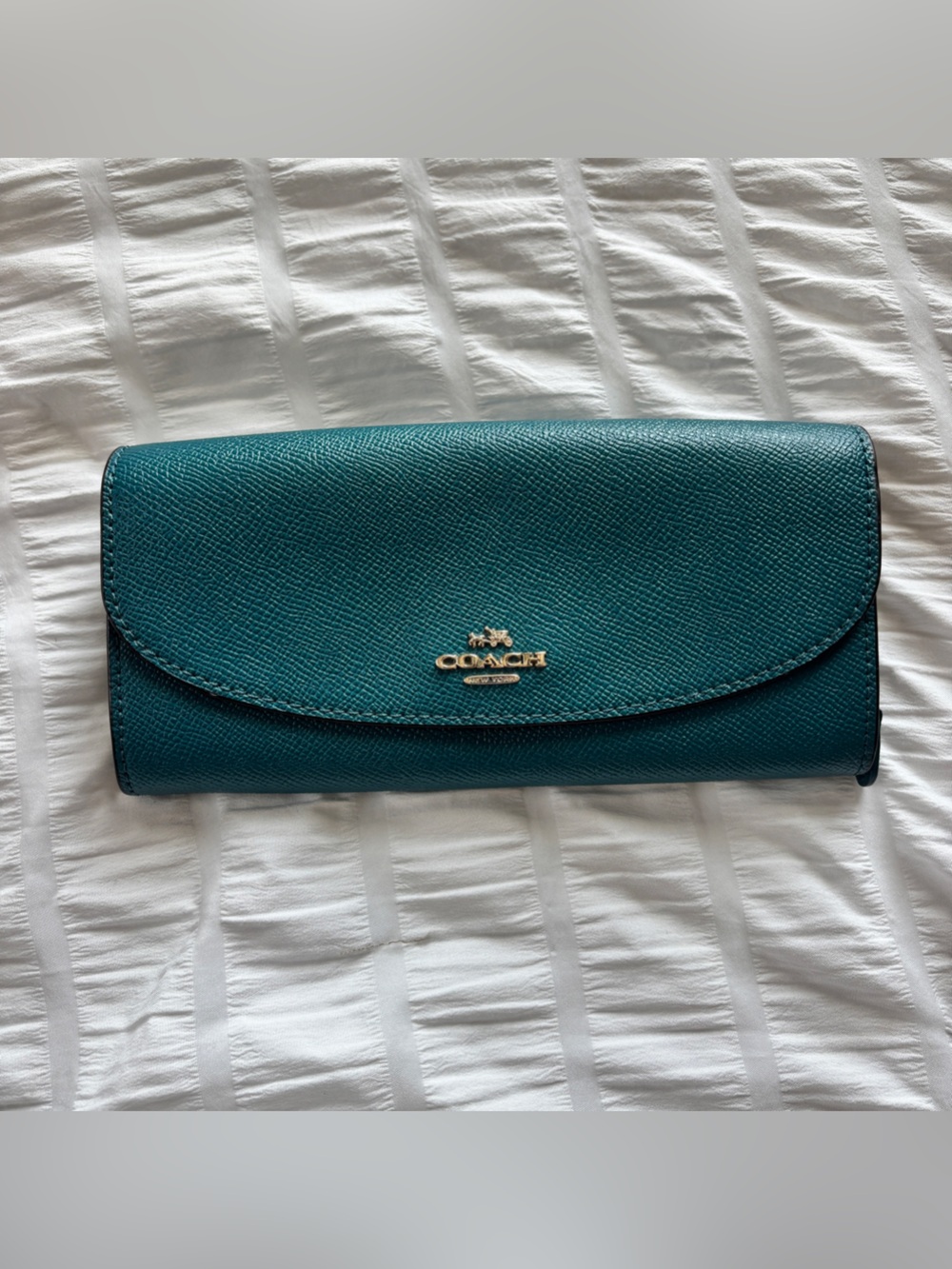 Coach Teal Saffiano Leather Flap Wallet with Gold Logo